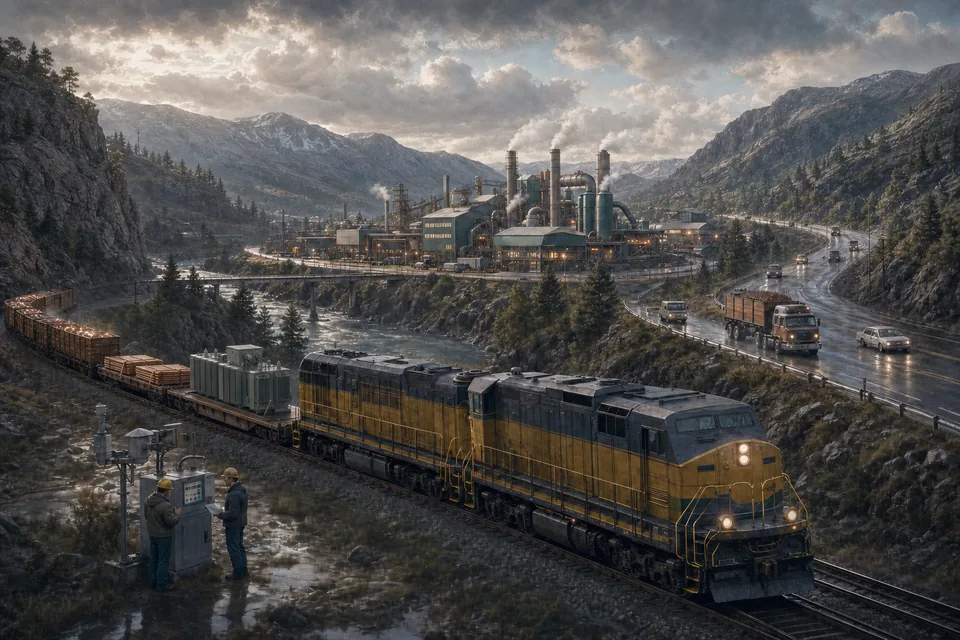 A copper processing complex connected to the railroad in a mountain valley