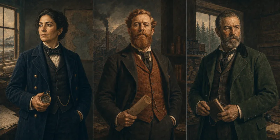 Three company leaders in railway offices during the Copper Frontier era