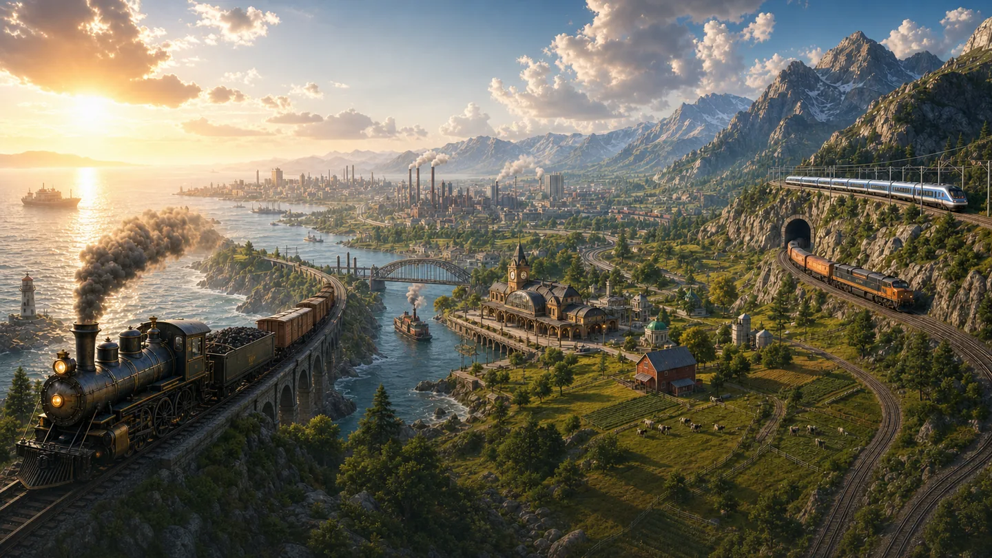 Narrative artwork showing steam, diesel and electric railways across Copper Frontier