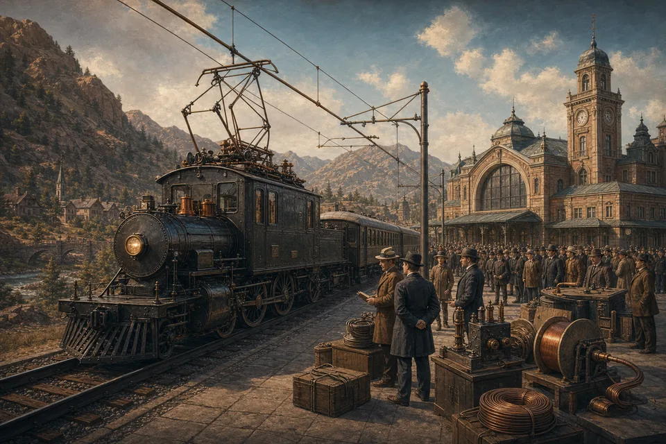 An early electric locomotive demonstrated at a mountain railway station