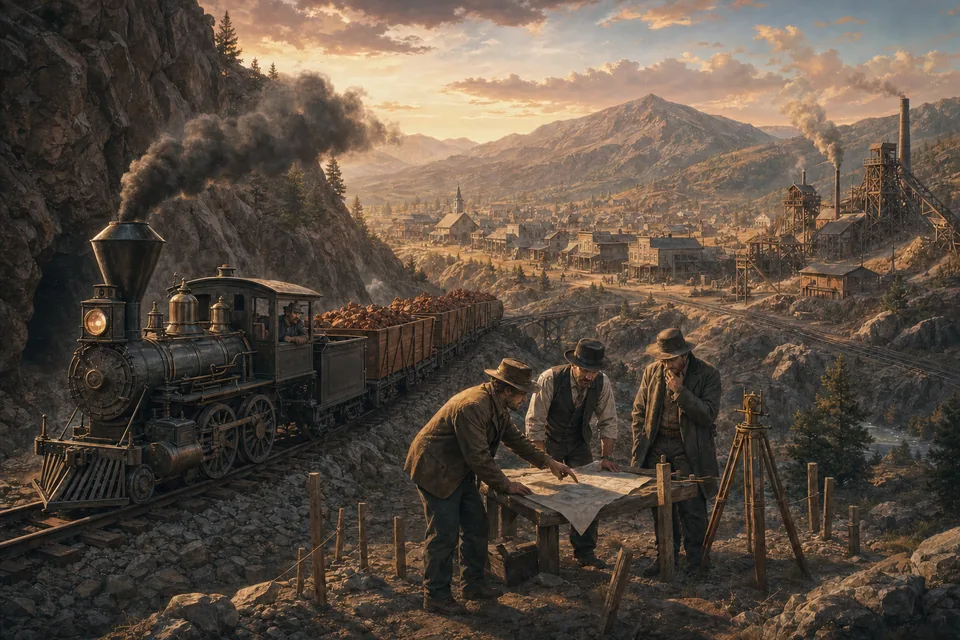 Railway surveyors planning a route beside a copper train in the mountains