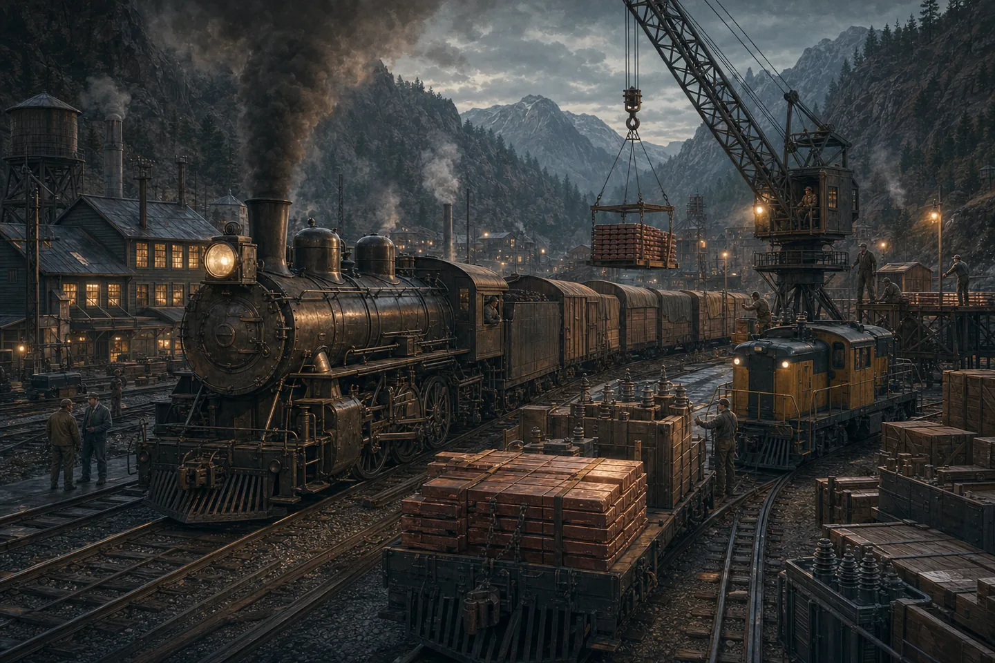 Rail crews loading a long logistics train beside a busy freight platform